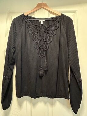 Maurices Black Crochet Tassel Peasant Blouse